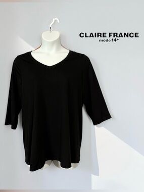 Claire France Essentials, Black V-Neck Top, 1X Plus Size, Stretch